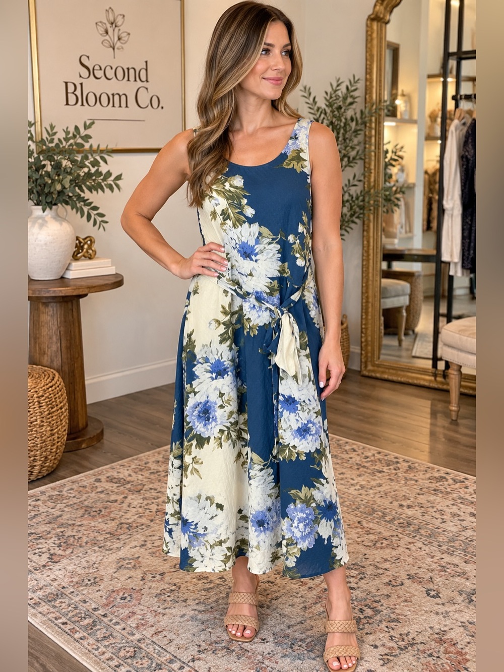 NorthStyle Blue & Ivory Floral Belted Dress Size 6P